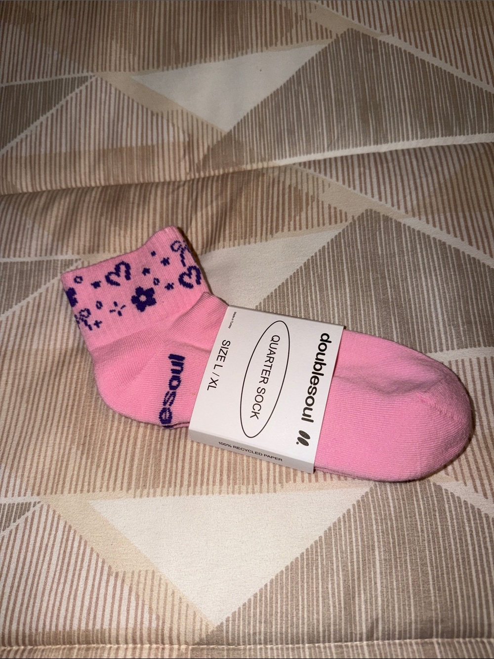 DOUBLESOUL Pink Quarter Socks with Purple Flower & Heart Pattern NWT